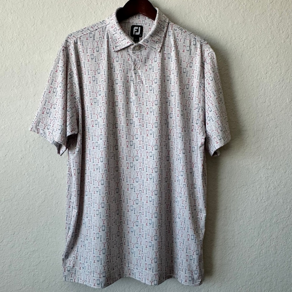 FootJoy Mens Large Lisle Glass Print Performance Golf Polo Shirt White Red Blue